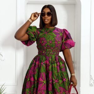 BUNMI AFRICAN PRINT PUFF SLEEVE MIDI DRESS